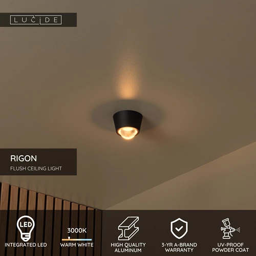 Lucide RIGON - Flush ceiling light - Ø 9 cm - LED - 1x6W 3000K - Black - USP